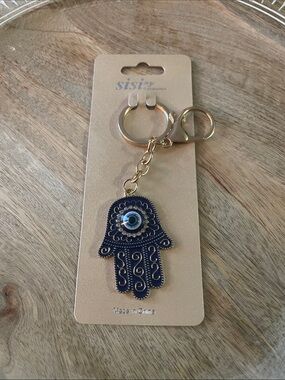 Hamsa Hand Evil Eye Keychain - Blue and Gold